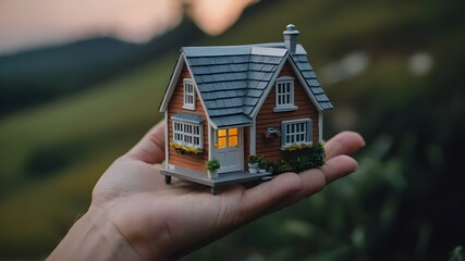 A model of a tiny house on a human hand, symbolizing the concept of purchasing a home or property in the real estate market.