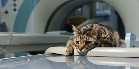 Tabby cat resting on a table before an MRI scan. The cat looks calm with a focused expression, set against the complex backdrop of medical imaging equipment.