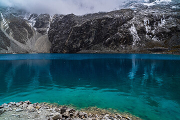landscape of laguna 69 with in snow covered andes in the national park Huascarán in peru
