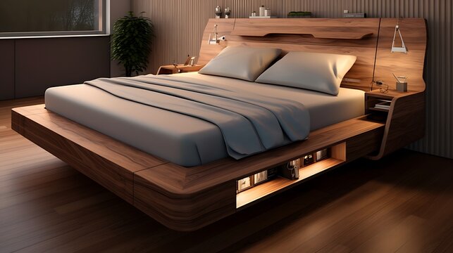 A modern wooden bed frame with built-in USB ports and charging stations, catering to tech-savvy sleepers