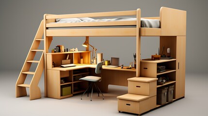 A modern wooden loft bed with a built-in desk and bookshelf, ideal for maximizing space in a small bedroom