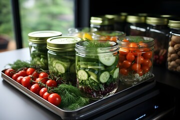 Mason jars with pickled cucumbers, tomatoes and dill - Powered by Adobe