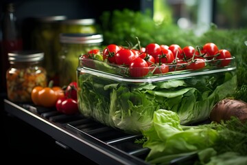 Fresh vegetables in a plastic container on the table in the kitchen.