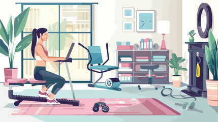 Fitness woman using laptop in exercise room at homE