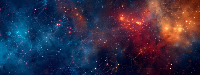 Naklejka premium Abstract digital background with glowing light dots and network connections on dark blue, red, and orange colors.