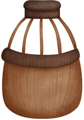 Illustration of a bamboo basket. Gardening equipment, watercolor hand drawn