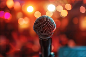 A microphone is positioned in the foreground, sharply focused, against a blurred background. The setup suggests a performance or public speaking event
