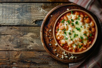 A rustic bowl filled with hearty beans topped with melted cheese on a wooden table