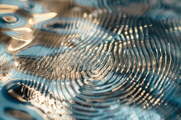 Close up of a detailed fingerprint on a blue glass surface, enhanced by natural light