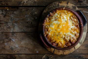 A casserole dish filled with melted cheese on top placed on a wooden table