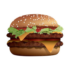 Homemade double chessburger side view isolated illustration.