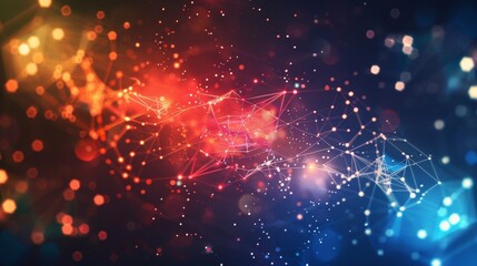Fototapeta premium Abstract digital background with glowing light dots and network connections on dark blue, red, and orange colors.
