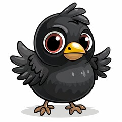 Cute Cartoon Black Bird with Bright Eyes Standing Smiling Illustration