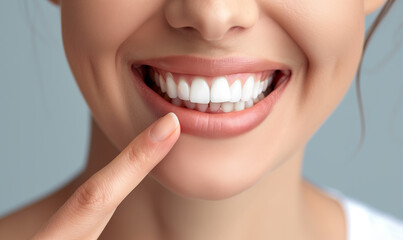 Obraz premium Woman pointing finger at beautiful healthy smile, dental proper teeth cleaning concept.