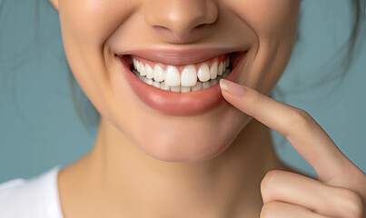 Woman pointing finger at beautiful healthy smile, dental proper teeth cleaning concept.