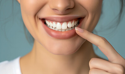 Obraz premium Woman pointing finger at beautiful healthy smile, dental proper teeth cleaning concept.