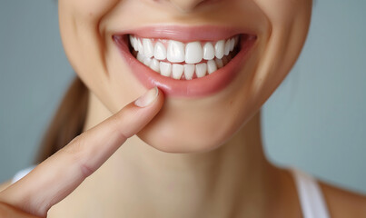 Obraz premium Woman pointing finger at beautiful healthy smile, dental proper teeth cleaning and caries prevention concept.