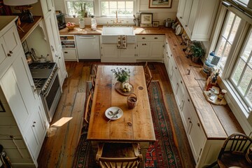 The kitchen features a farmhouse sink, white cabinetry, and a table with chairs in a New England style setting
