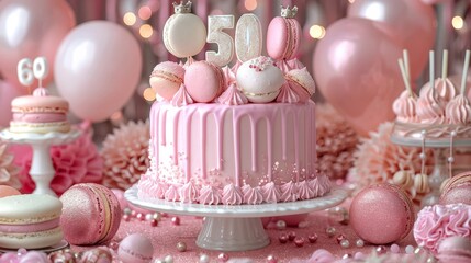   A pink cake sits atop a table, surrounded by numerous pink balloons and a generous scattering of confetti