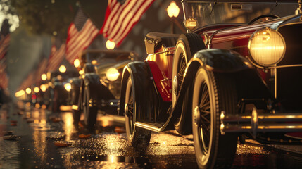 Fototapeta premium A vintage car parade with american flags attached to the vehicles on independent day