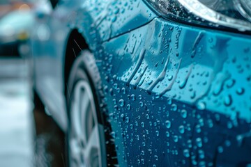 Close-up view of a blue car covered in water droplets on a rainy day for inspection