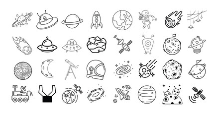 Set of 32 Outline Icons Related to Space, Outline Icons, Astronout Elements, ufo icon, Alien Icon, Planets Icons, Space Icons