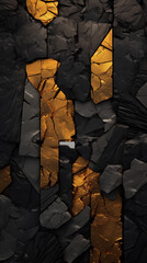 Rough dark stone texture with cracks and gold flecks. Dark back