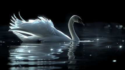   A white swan floats on serene water, its pristine back reflected in the shimmering surface as light dances upon it