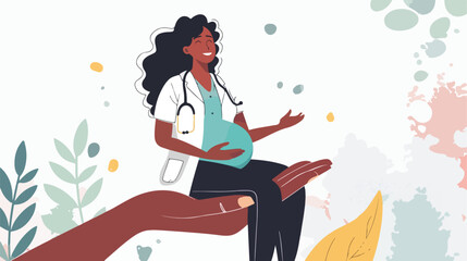 A pregnant black woman sits on a big doctors hand. Pr