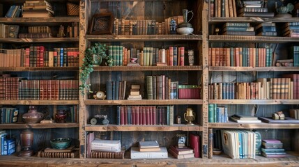 A large wooden bookshelf filled with various books, plants, and other knick-knacks.
