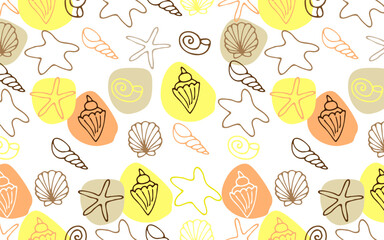 Vector seamless pattern with shells and starfish on a white background.