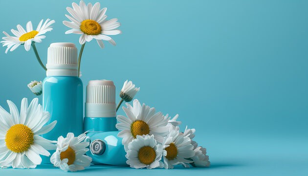 Asthma inhalers with daisy flowers on blue background