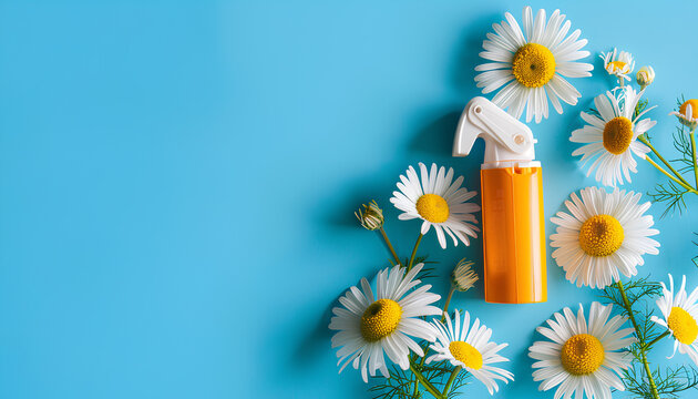 Asthma inhalers with daisy flowers on blue background