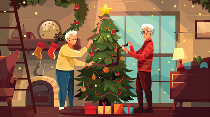 Adult son helps his elderly parents to decorate