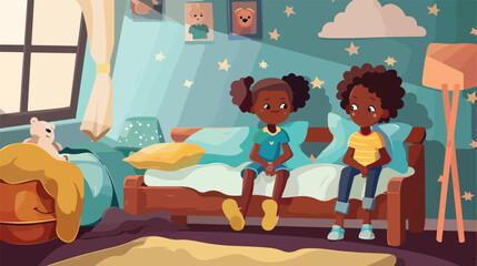 African-American children sitting on bed in room Vector