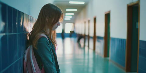 Sad, lonely girl with depression sitting in school corridor, crying, showing signs anxiety after bullying. Mental health issues, tired unhappy student dealing with problems in class, social isolation.