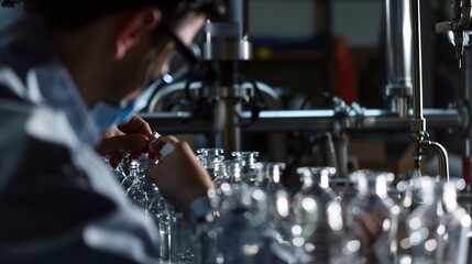 Close-up of a beverage production line inspector checking bottle seals, precise focus, factory lighting. 