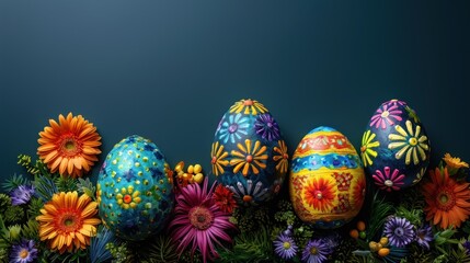 "Vibrant Easter Celebration: Colorful Eggs Amidst Blossoming Flowers"