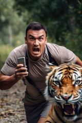 A man standing near a tiger, holding a cell phone up while looking at it