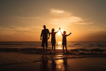 A group of individuals standing at the peak of a sandy beach, overlooking the ocean with a clear blue sky above