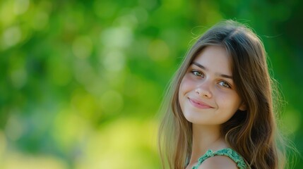 Naklejka premium A woman with long hair smiles in a beautiful natural setting, creating a tender moment captured on camera