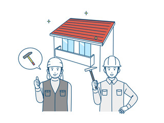 家を建てる、屋根修理する大工の男性のイラスト