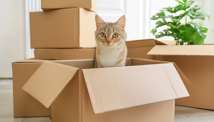新居への引っ越のコンセプト。段ボール箱の積み重ねと、部屋の中の空の段ボール箱に座る猫。