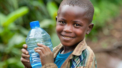 a young african boy holding a bottle of water 