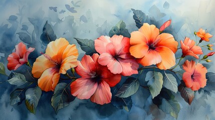 "Blooming Hibiscus Harmony on Watercolor Canvas: A Vibrant Floral Masterpiece"