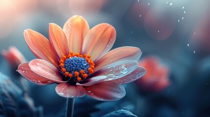 "Dew-Kissed Blossom: A Vibrant Flower Amidst a Mystical Morning Haze"