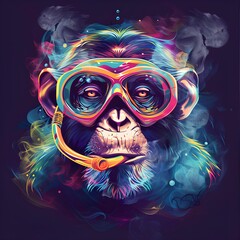 Picture a vibrant, rainbow-colored monkey sitting atop a tree branch, puffing on a funky, oversized cigar. The air around the monkey is filled with swirls of colorful smoke, 