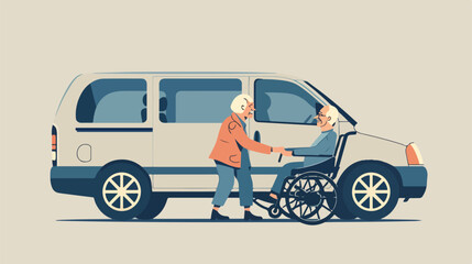 An elderly woman pushes an elderly man in a wheelchair