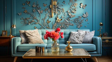 Timeless moments on a blue couch, as the clock ticks away.