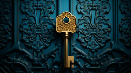 Unlocking new possibilities as I turn the key in this stunning blue door, accentuated by the allure of golden hardware.